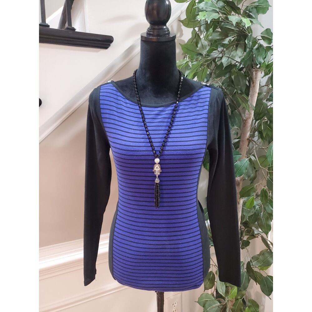 Lauren Ralph Lauren Womens Black Blue Striped Zip Shoulder Casual Sweater Medium
